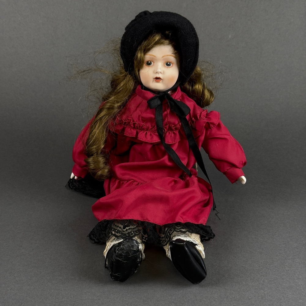 Vintage Porcelain Bisque Shoulder Head Doll 15" Cloth Body Glass Eyes Dressed
